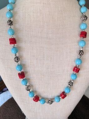 Turquoise Hued Blue & Red Coral  Bead Necklace , 25"+ 3" Long, Boho, Silver  New